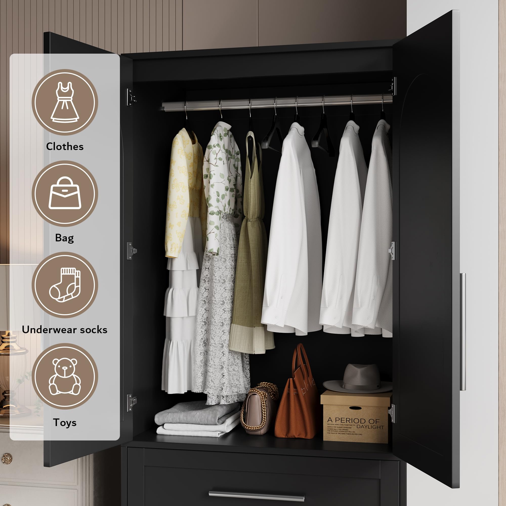 Wooden Wardrobe Armoire with Drawers, Doors and Hanging Rod