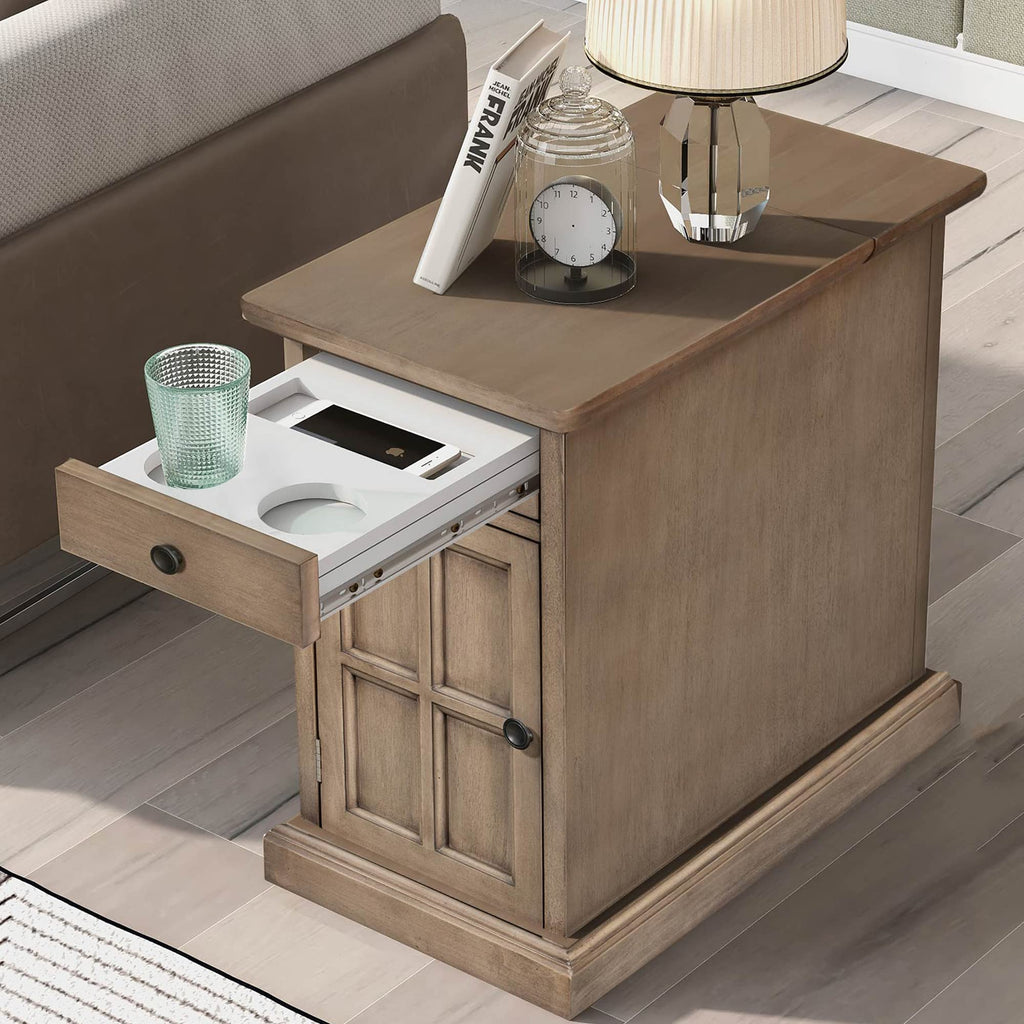 Traditional Wood End Table with Charging Station and Storage Drawer