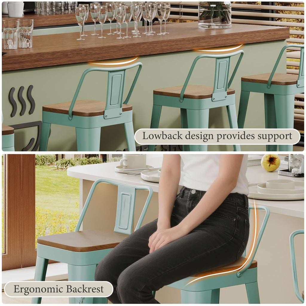 Industrial Metal Bar Stools with Wooden Seats and Footrest