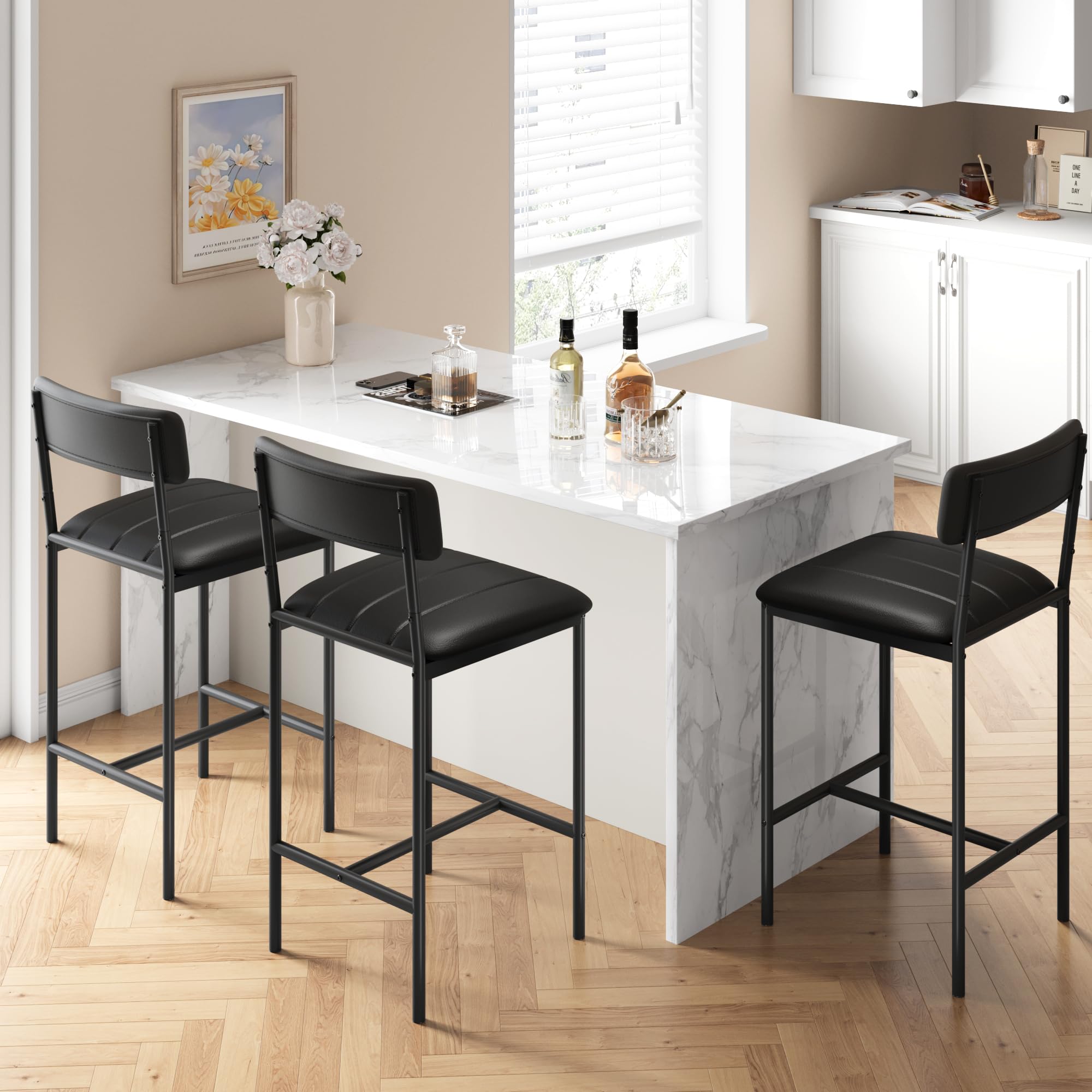 Upholstered Counter Height Bar Stools with Backrest and Footrest
