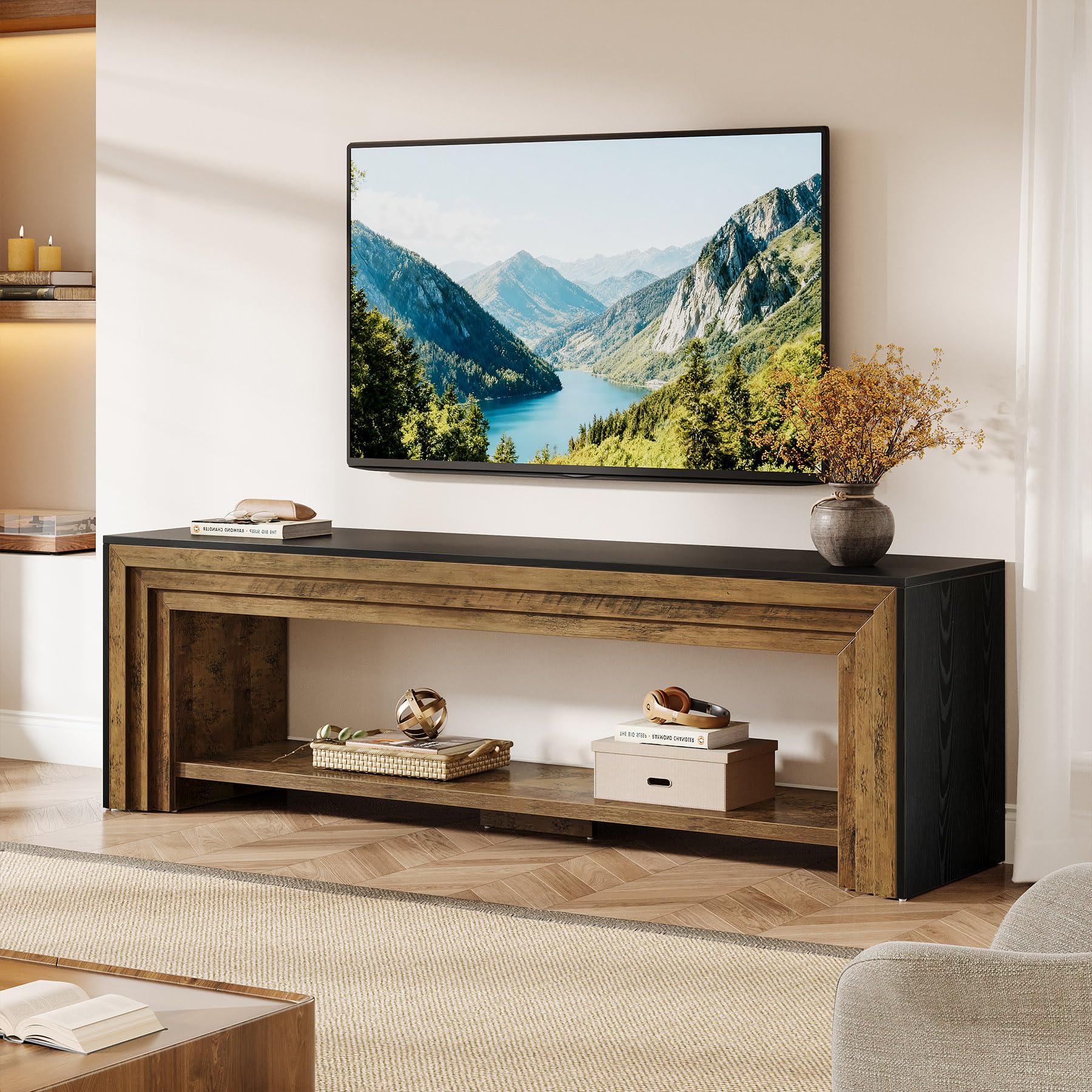 70" Farmhouse TV Stand with Open Storage Shelves and Media Console