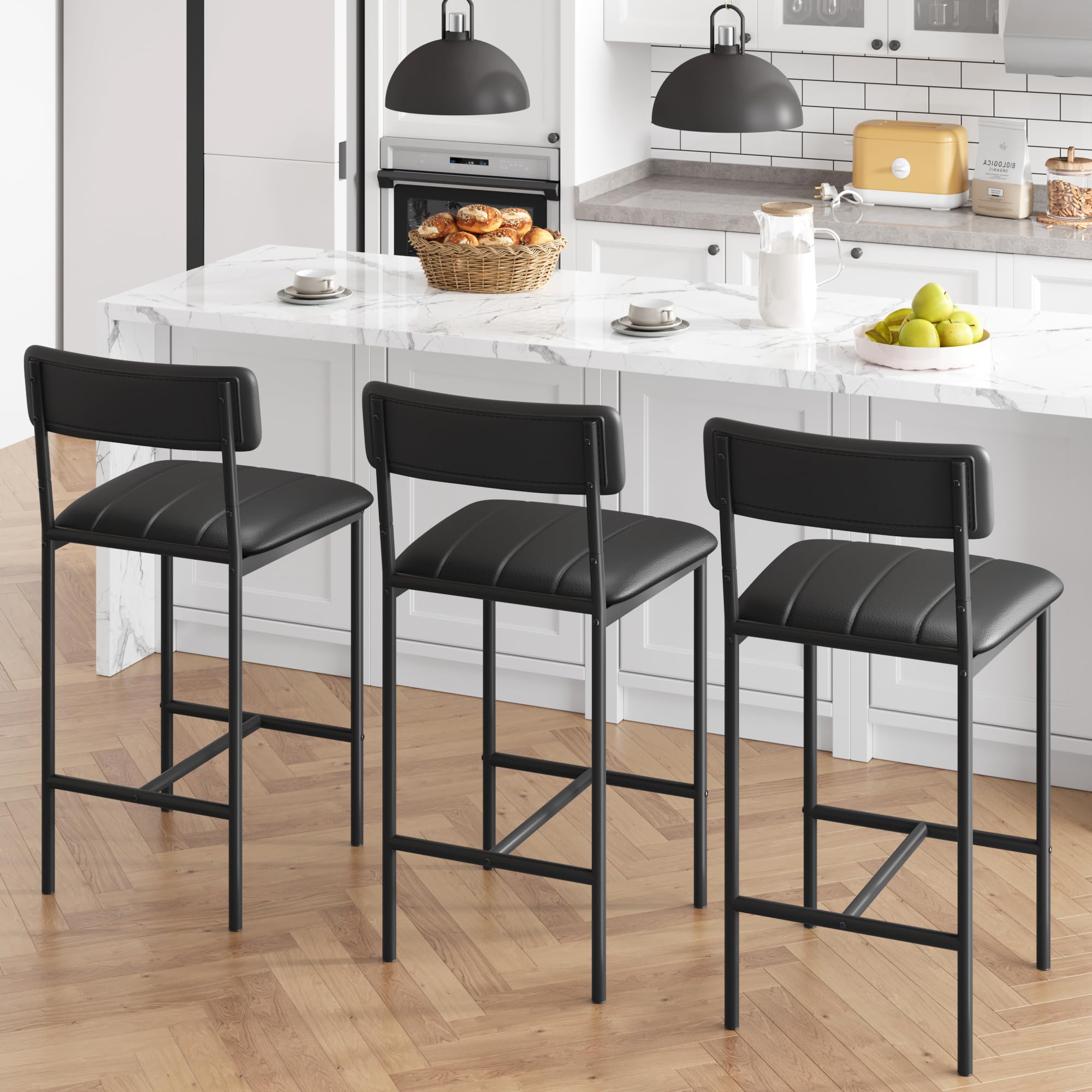Upholstered Counter Height Bar Stools with Backrest and Footrest