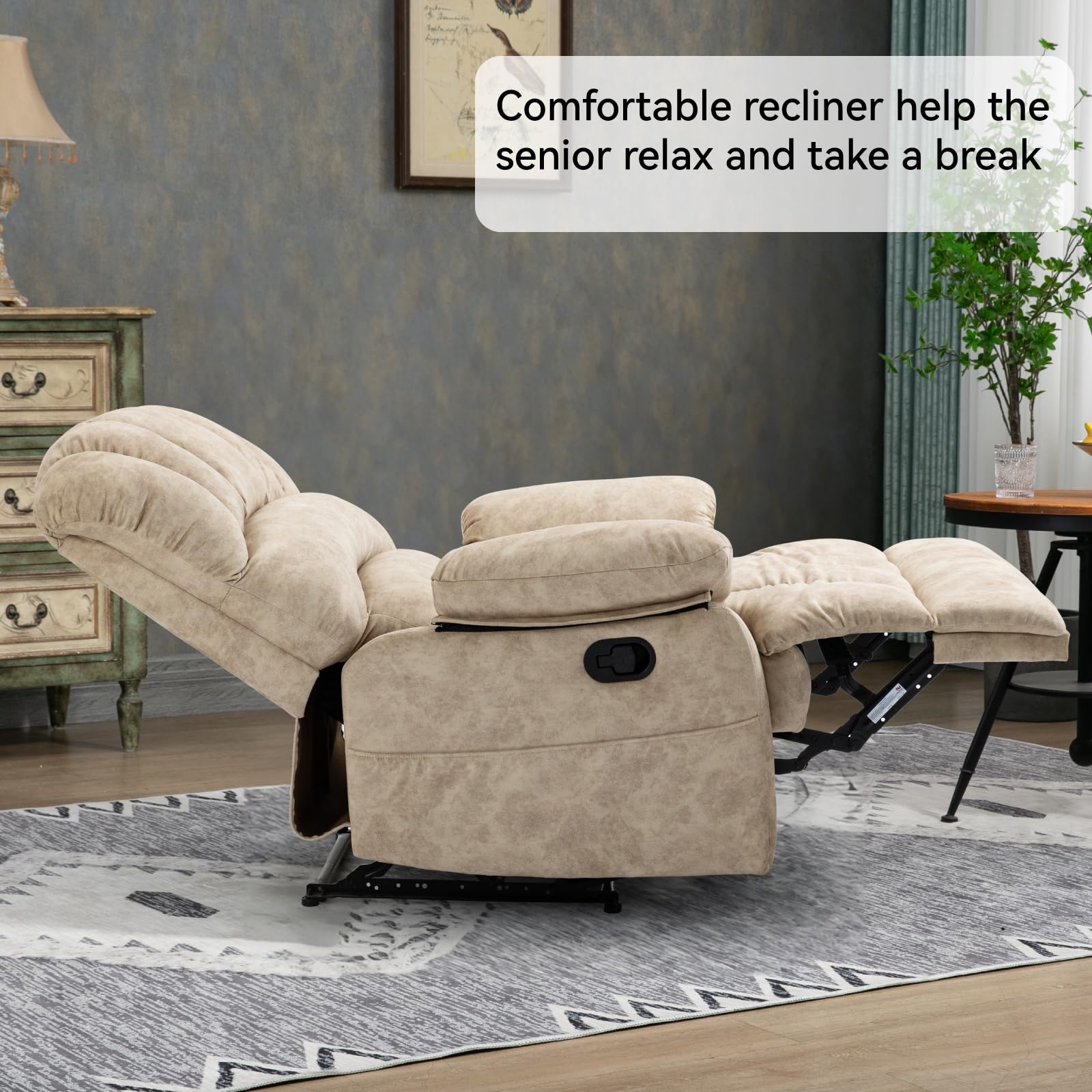 Oversized Fabric Recliner Chair with Adjustable Backrest and Wide Seat