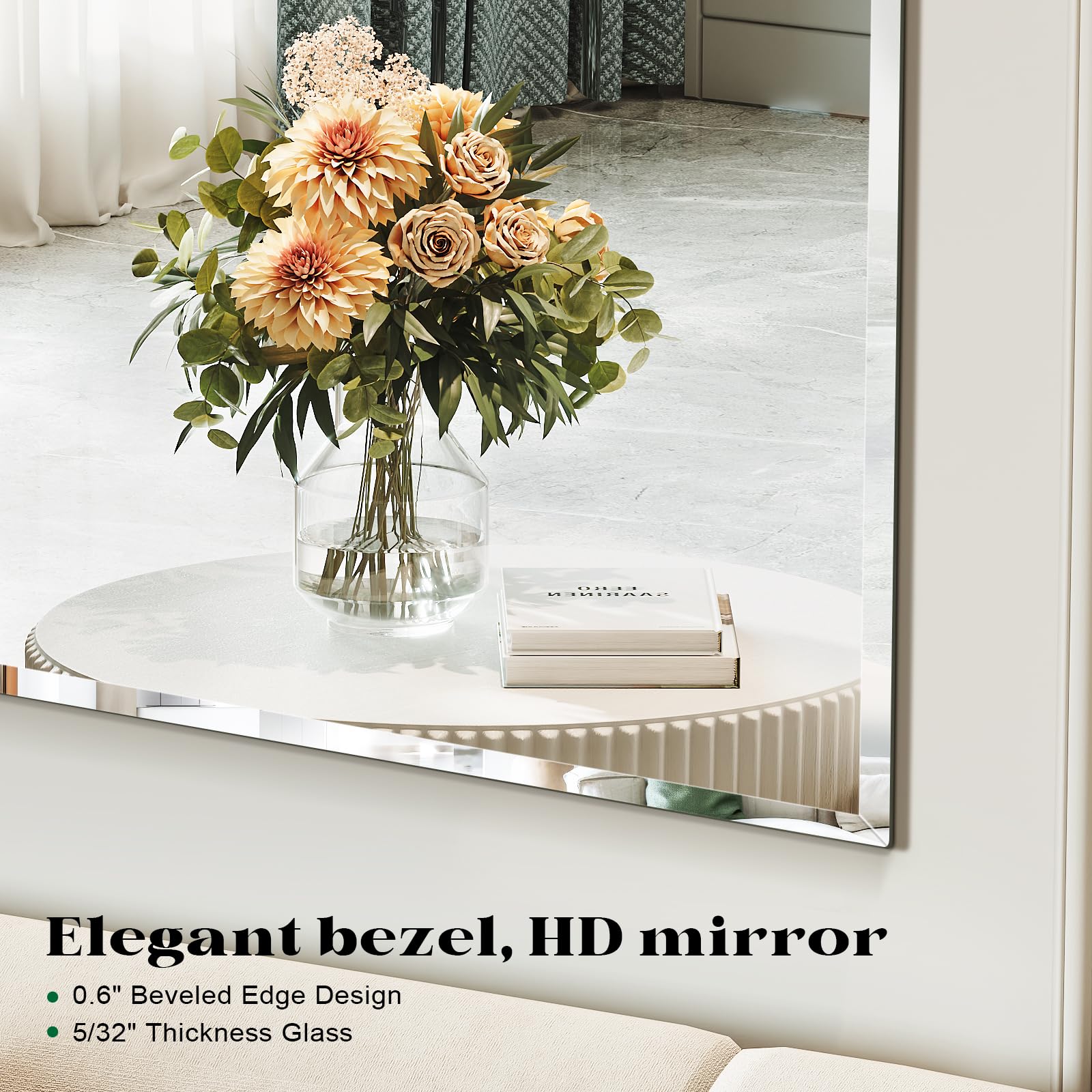 Frameless Beveled Wall Mirror with Horizontal and Vertical Mounting