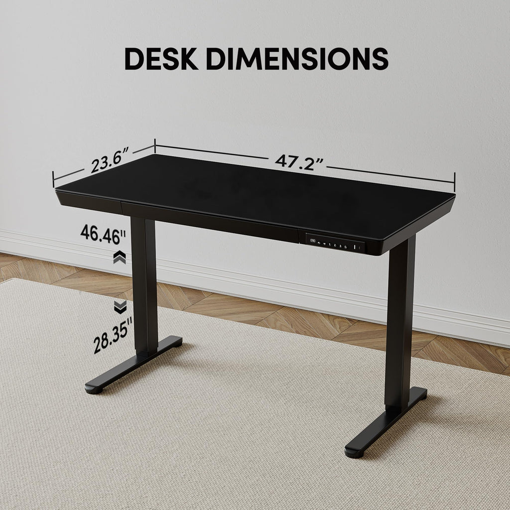 BANTI Electric Standing Desk with Drawers, 48 inch Whole-Piece Glass Desktop