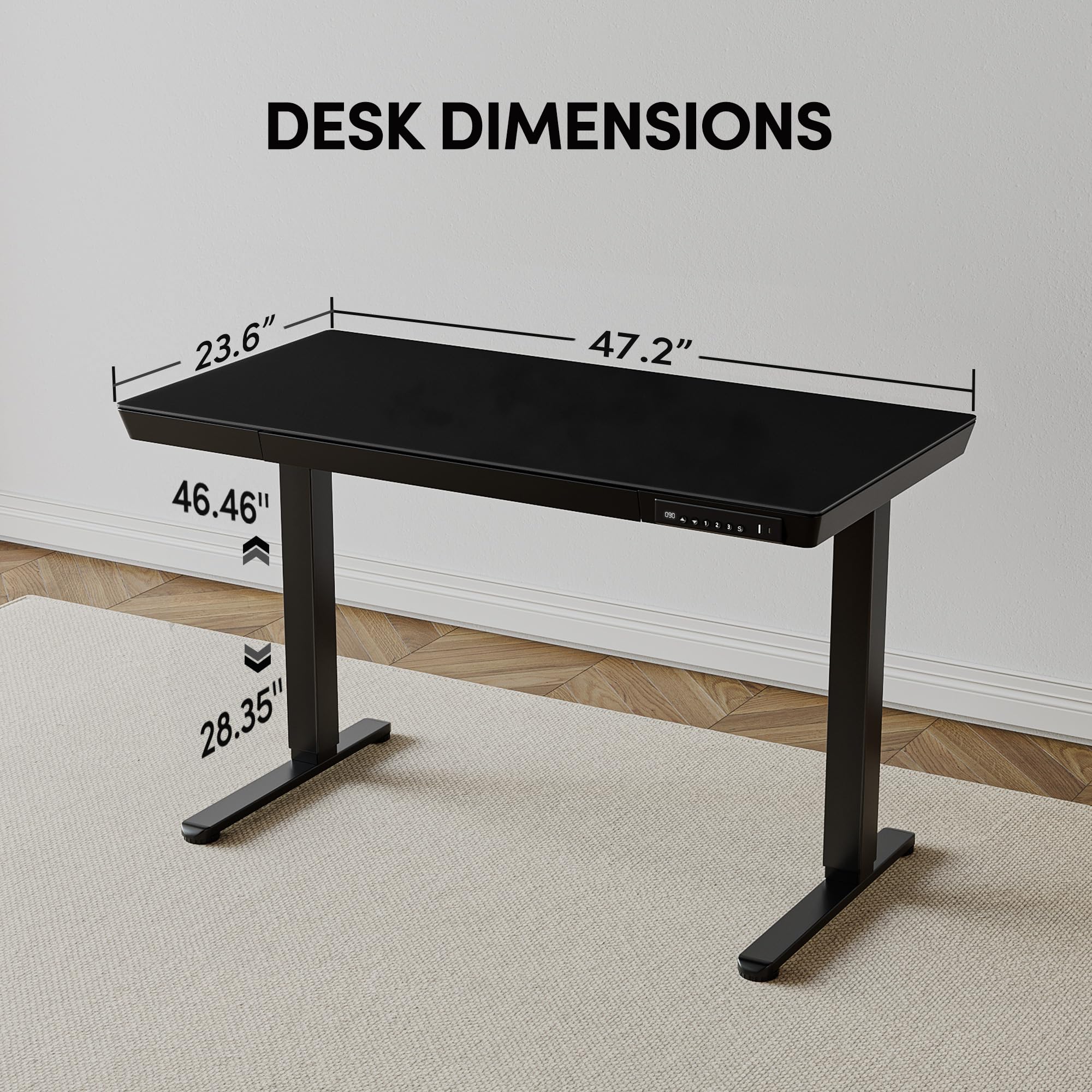 BANTI Electric Standing Desk with Drawers, 48 inch Whole-Piece Glass Desktop