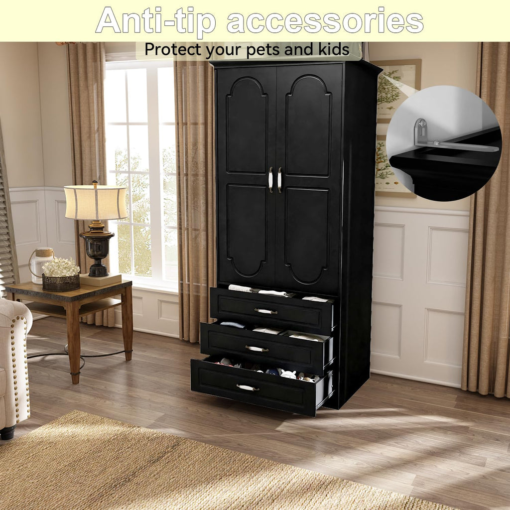 Modern Wardrobe Armoire with 3 Drawers, LED Light and Hanging Rod