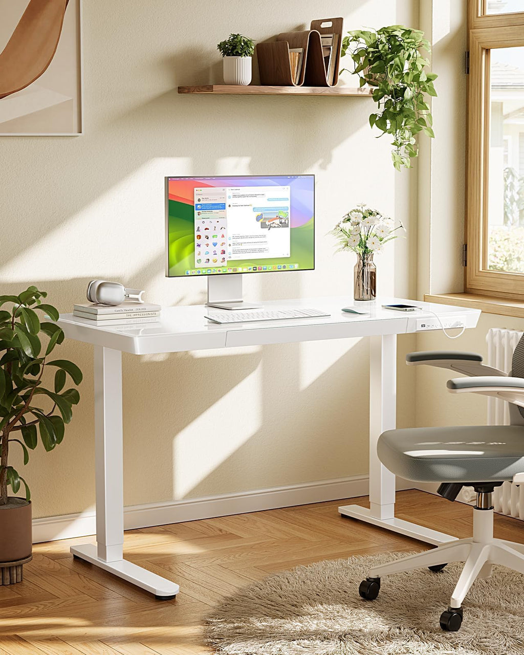 Electric Standing Desk with Glass Top, Drawer and USB Charging Ports