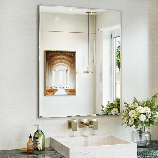 Frameless Beveled Wall Mirror with Horizontal and Vertical Mounting