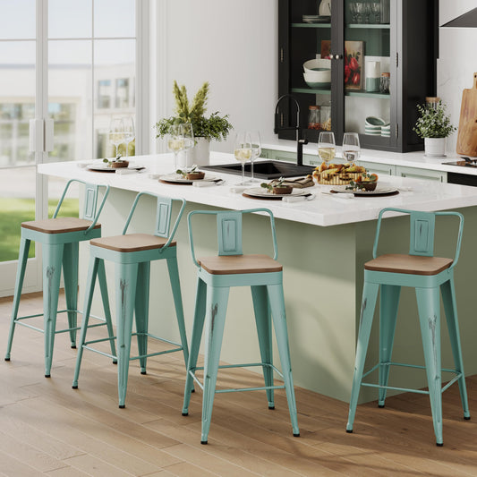Industrial Metal Bar Stools with Wooden Seats and Footrest