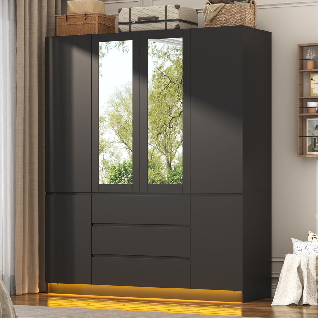 3 Door Wardrobe Armoire with Mirror, Drawers and Hanging Rod