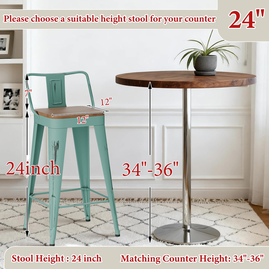 Industrial Metal Bar Stools with Wooden Seats and Footrest