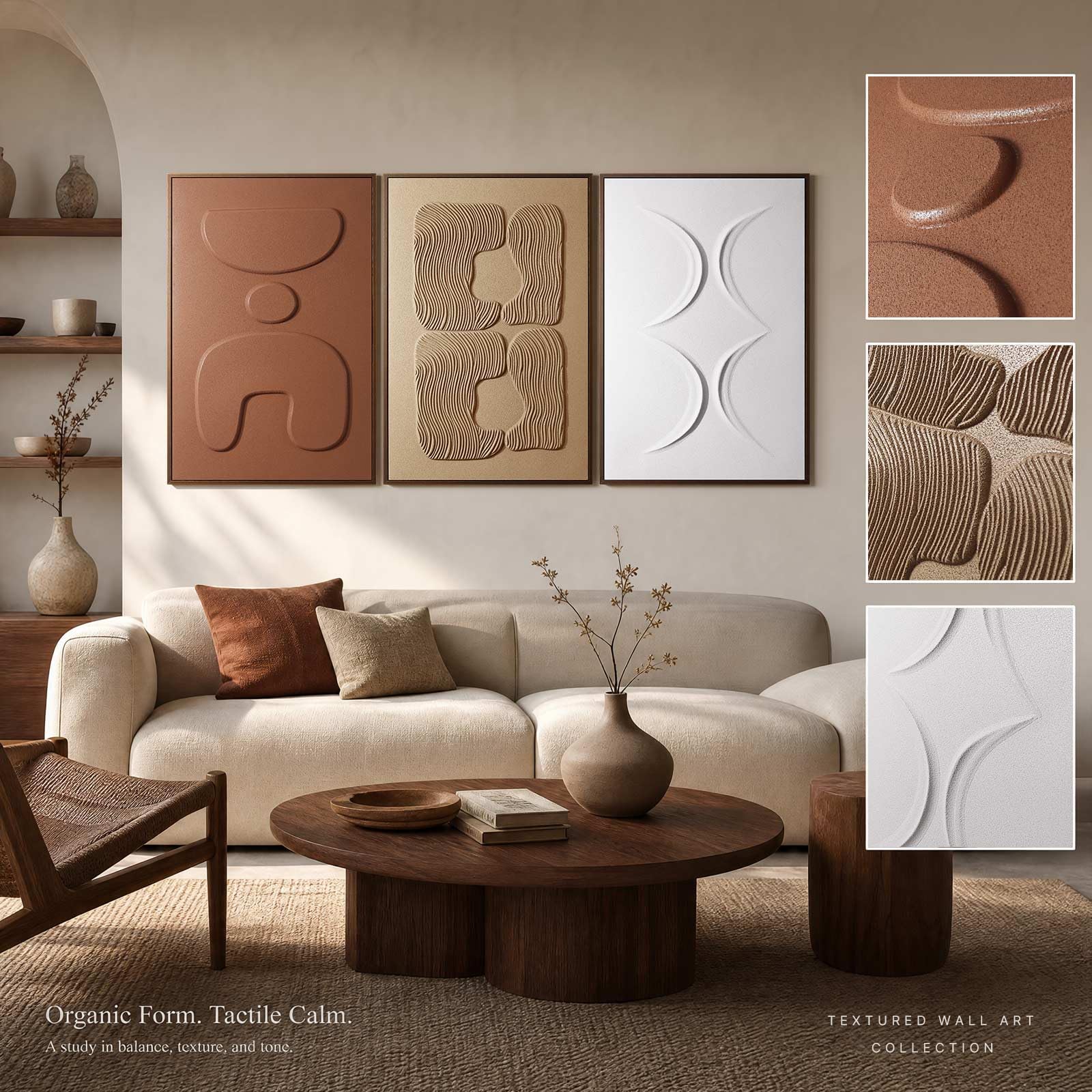 Thalasse Large 3-Piece 3D Textured Wall Art for Living Room
