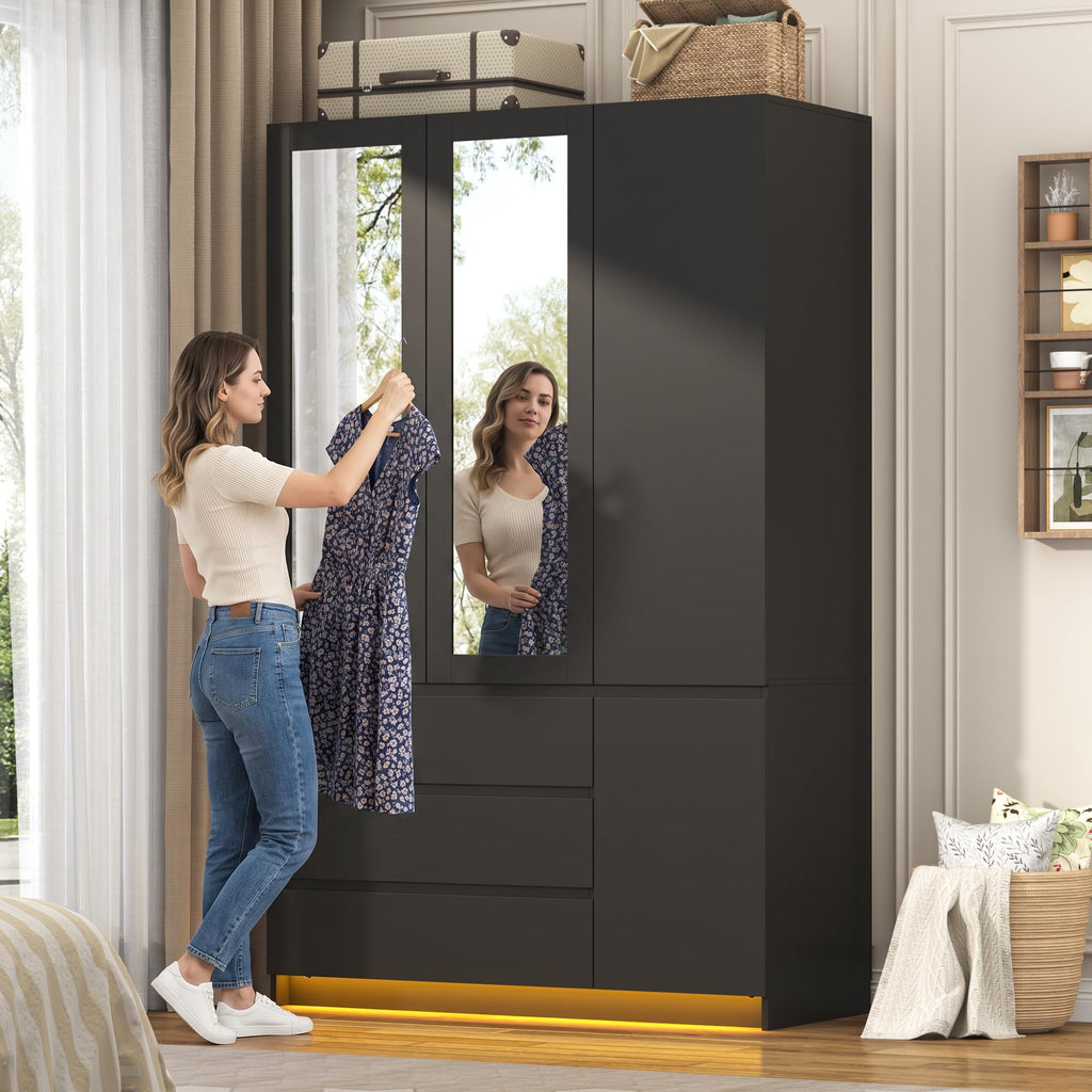 3 Door Wardrobe Armoire with Mirror, Drawers and Hanging Rod