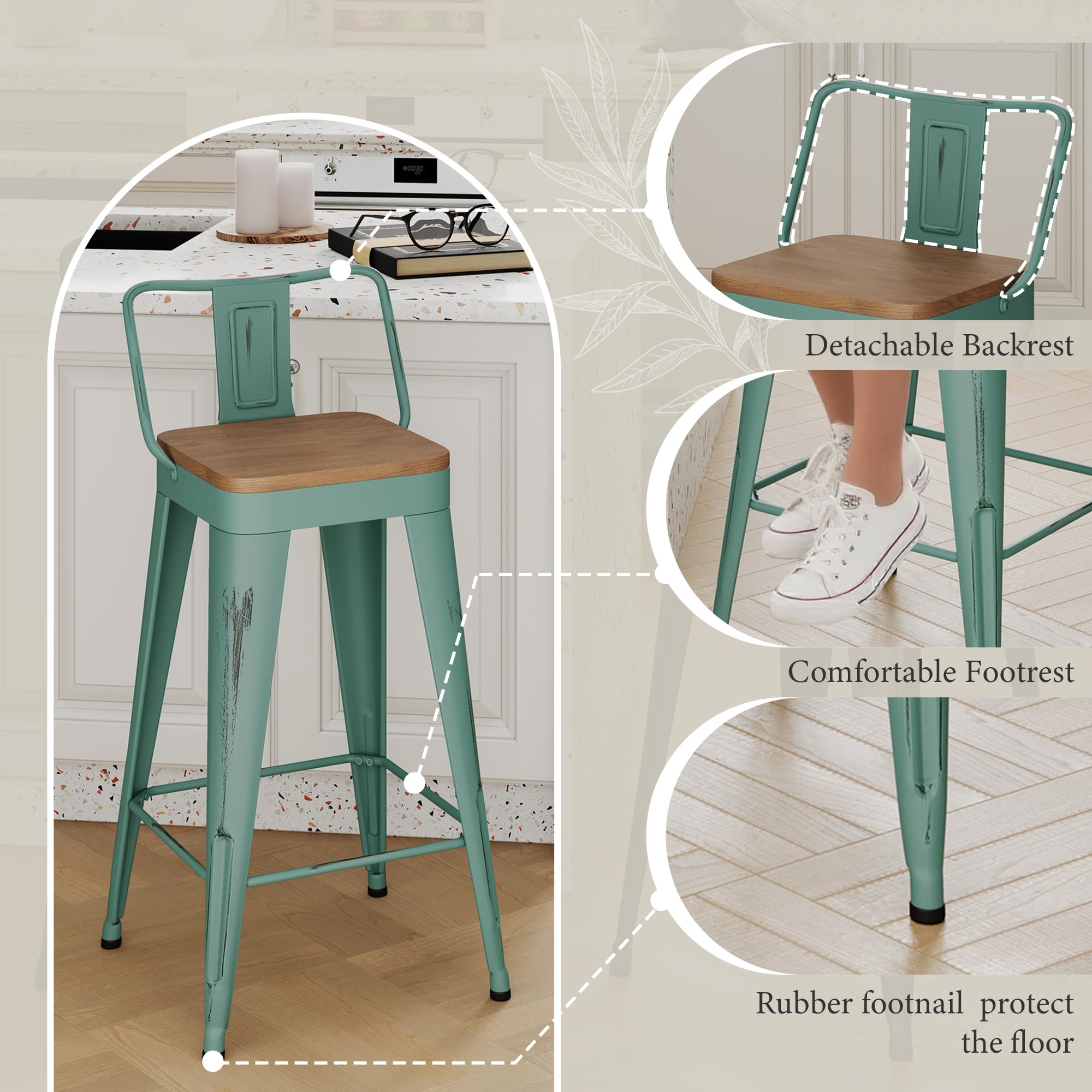 Industrial Metal Bar Stools with Wooden Seats and Footrest