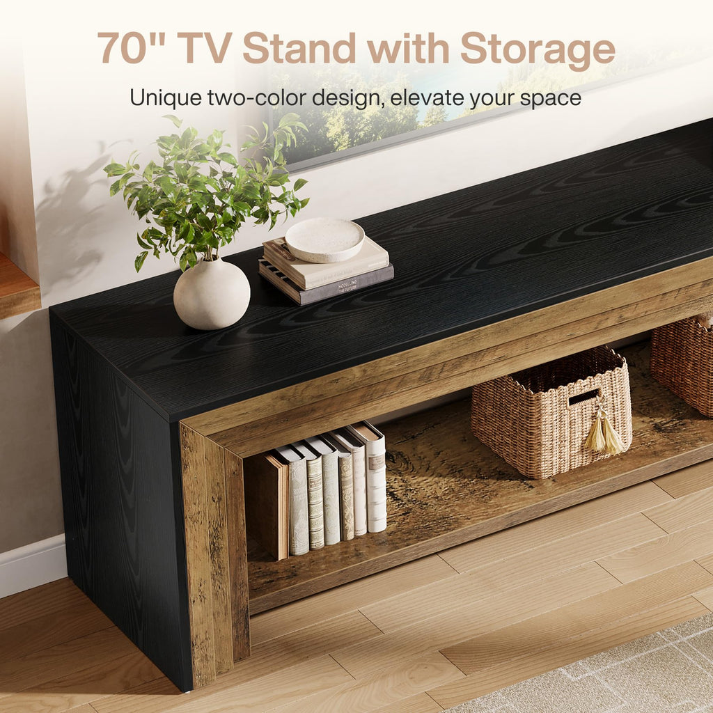70" Farmhouse TV Stand with Open Storage Shelves and Media Console