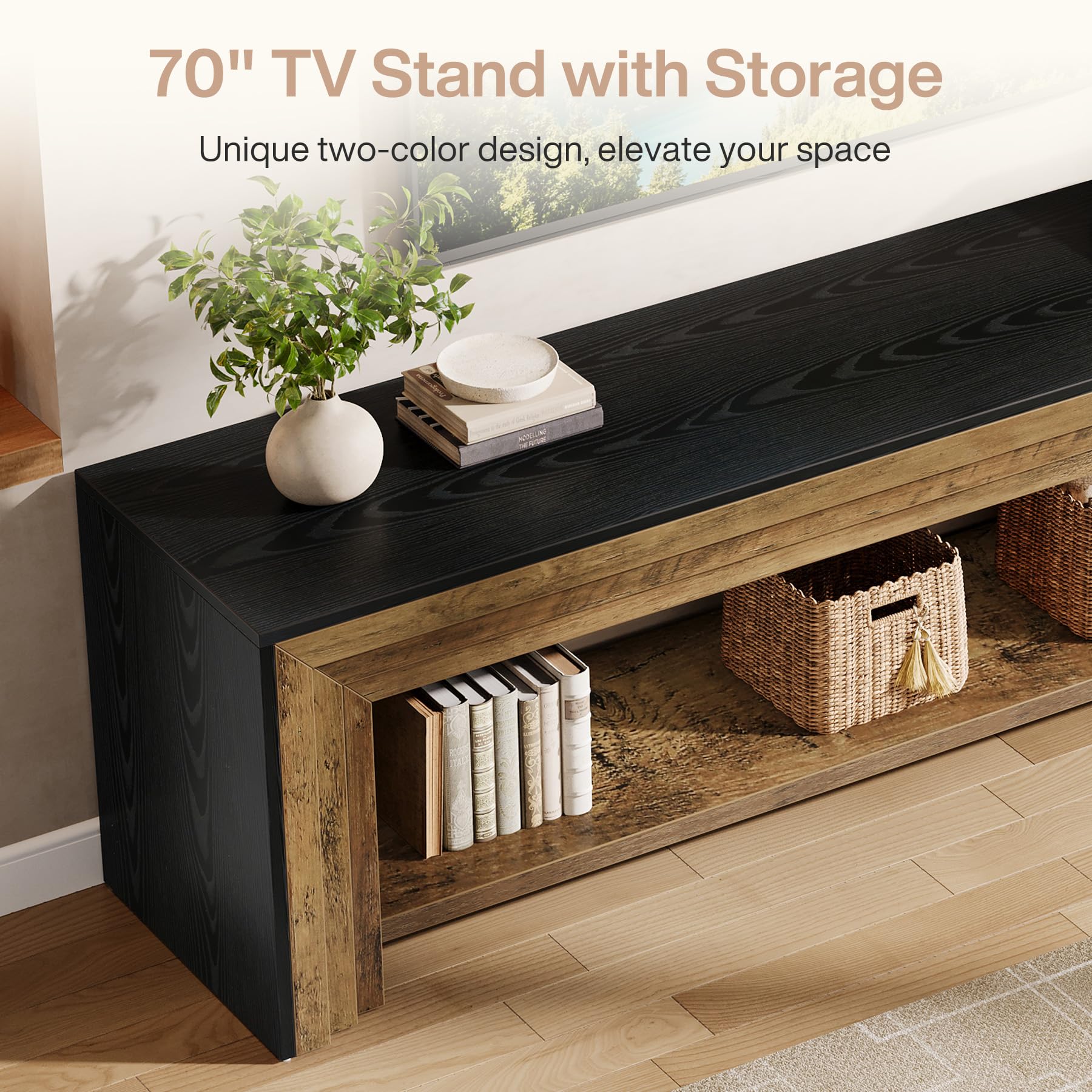 70" Farmhouse TV Stand with Open Storage Shelves and Media Console