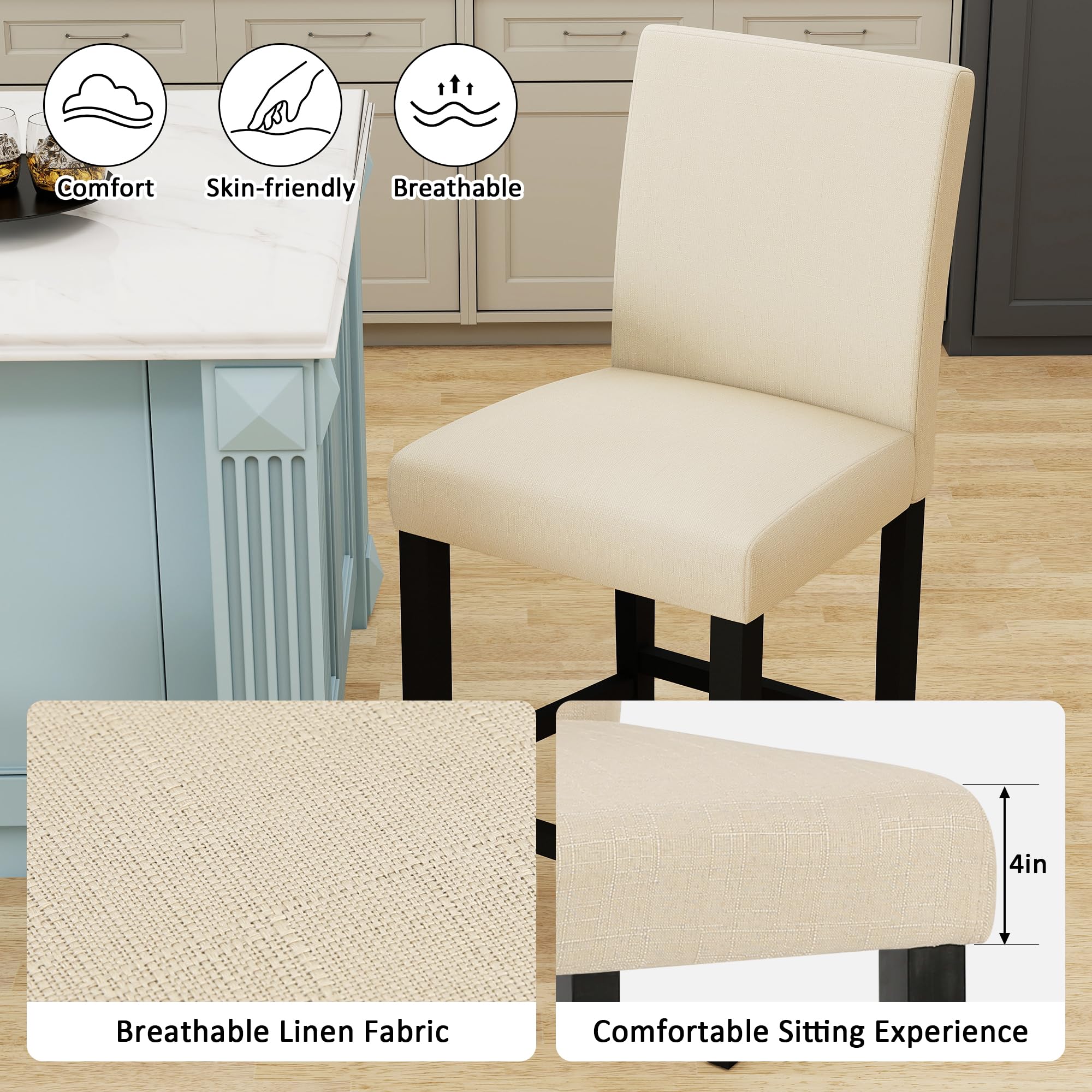 Modern Upholstered Counter Height Bar Stools with Wood Legs