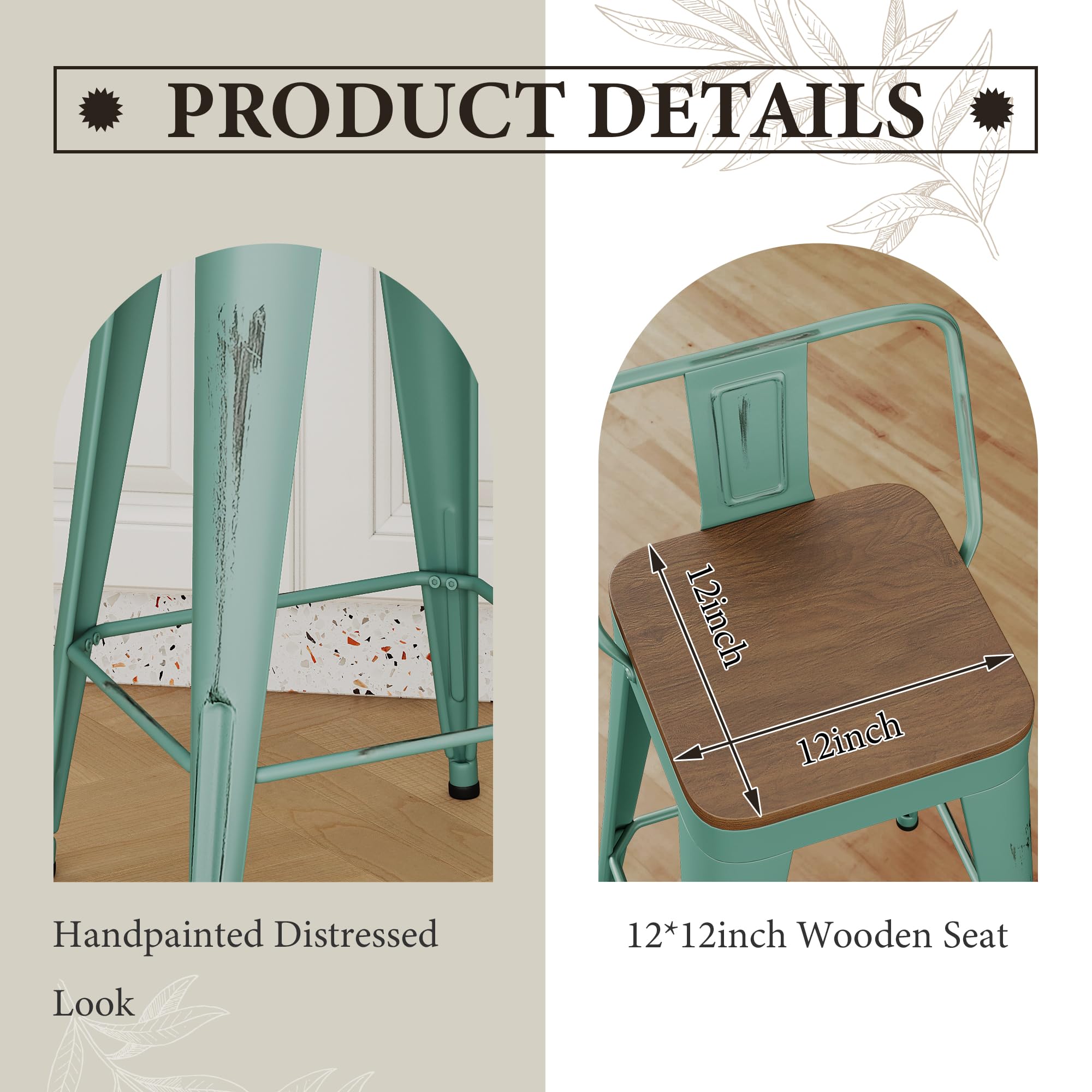 Industrial Metal Bar Stools with Wooden Seats and Footrest