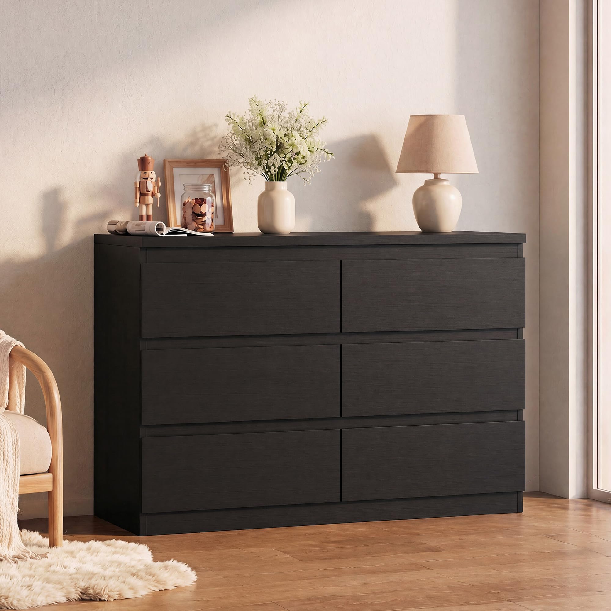 Modern 6 Drawer Dresser with Wood Storage and Anti-Tip Design