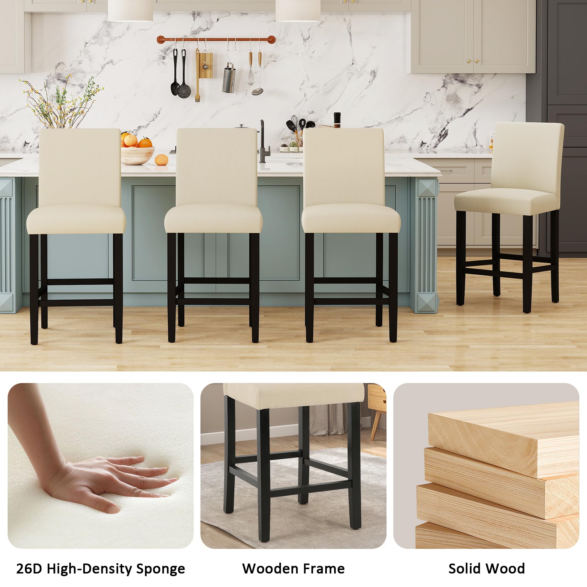 Modern Upholstered Counter Height Bar Stools with Wood Legs