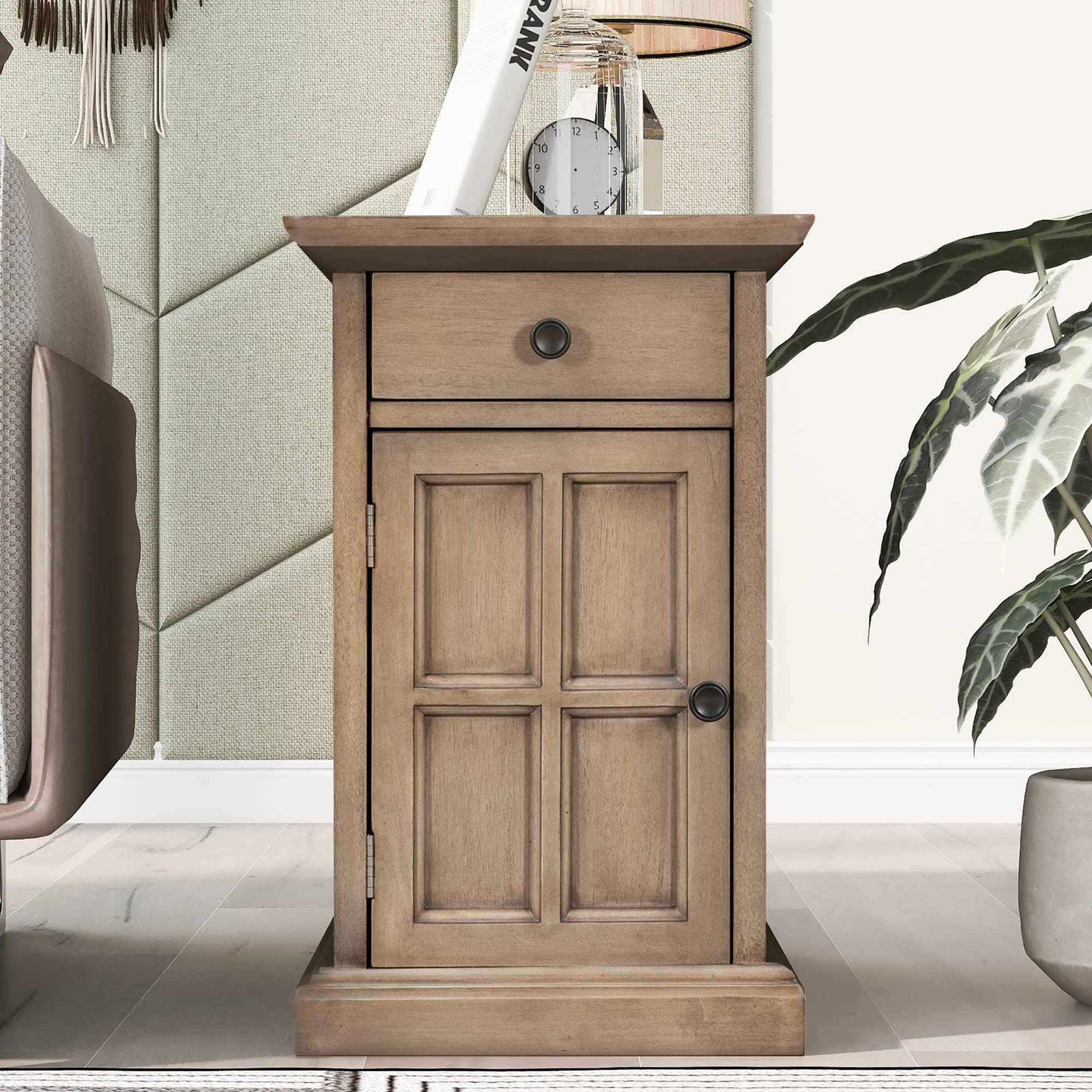 Traditional Wood End Table with Charging Station and Storage Drawer