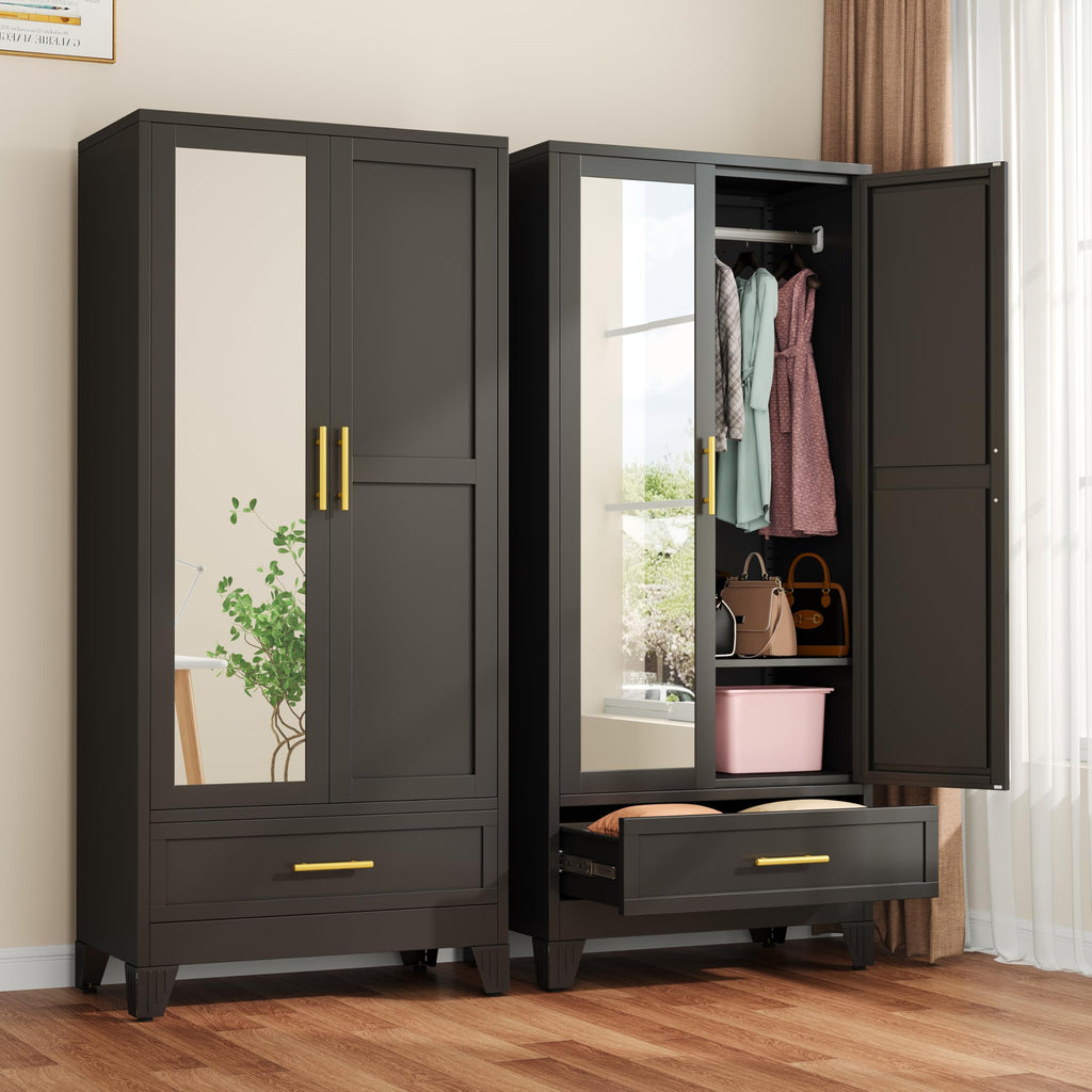 Metal Armoire Wardrobe with Adjustable Shelves and Hanging Rod
