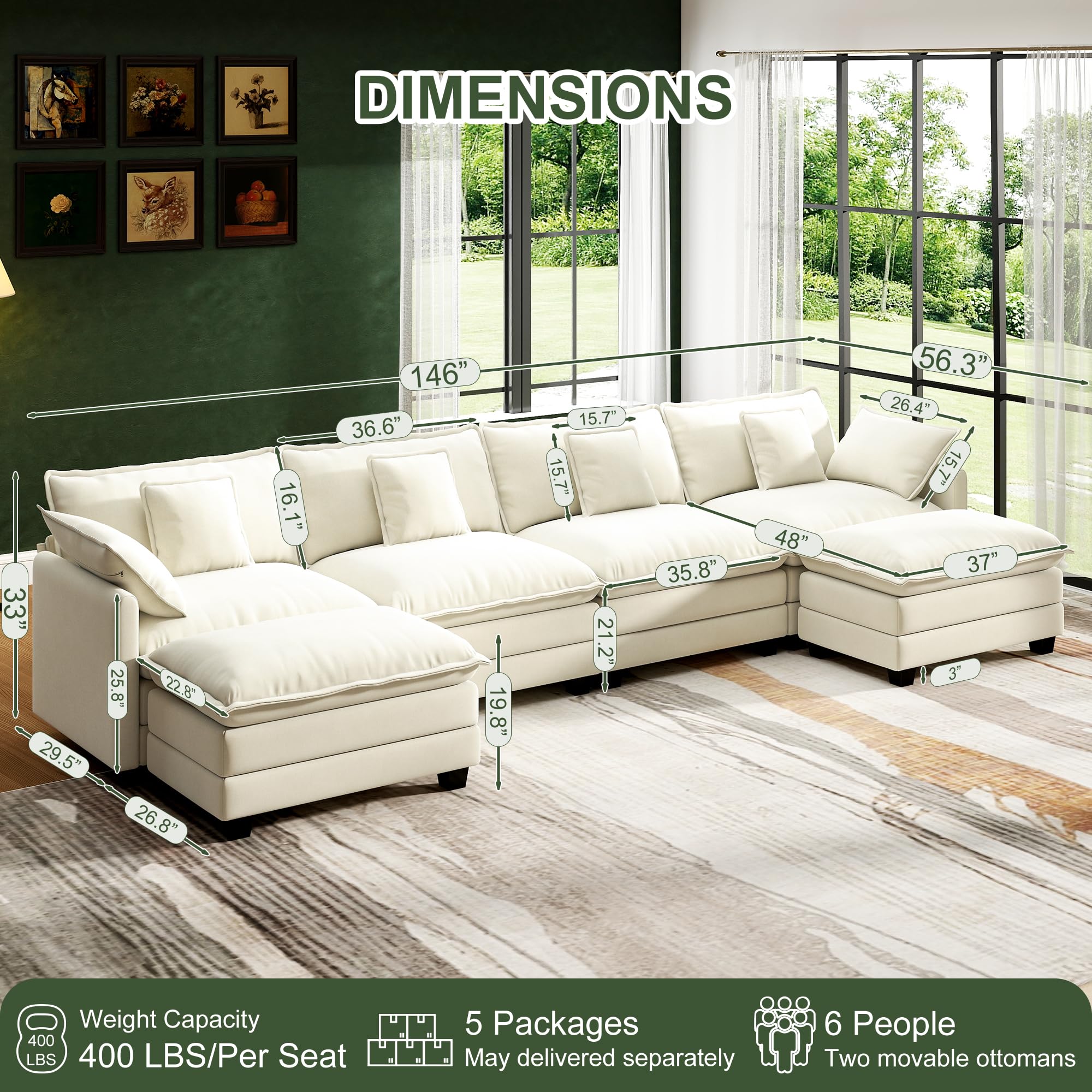 Modular Cloud Sectional Sofa with Ottoman and Washable Pillows