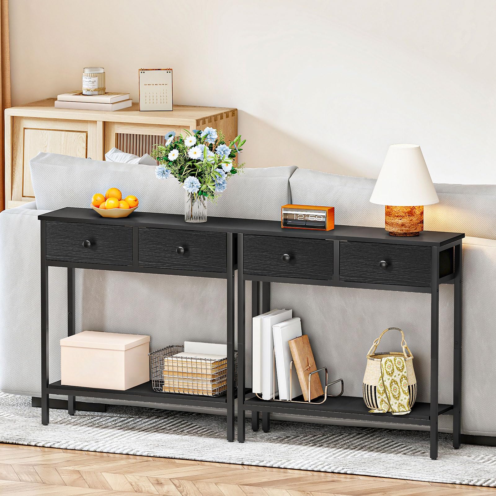 Narrow Console Table with Storage Drawers and Two Tier Shelves