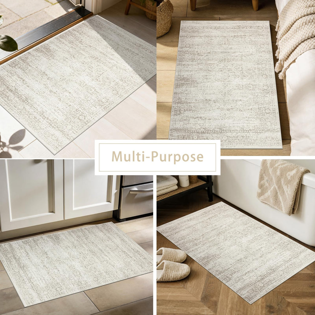 Machine Washable Faux Wool Area Rug with Retro Design and Non Slip Backing