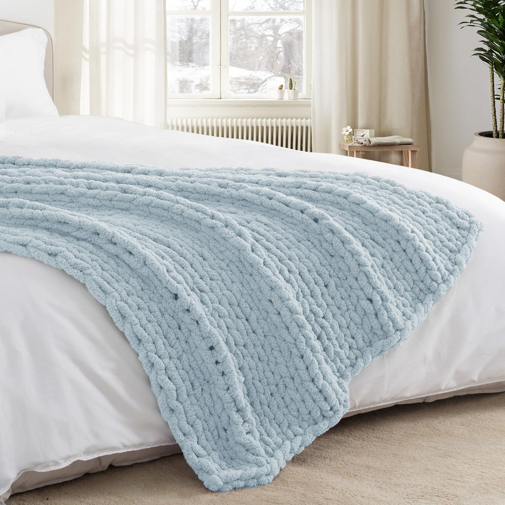 LONG CREATE Chunky Knit Throw Blanket, 100% Handmade Chenille Yarn