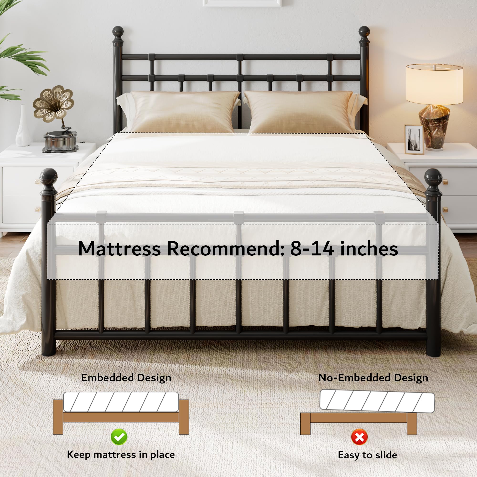 Metal Platform Bed Frame with Headboard and Under Bed Storage
