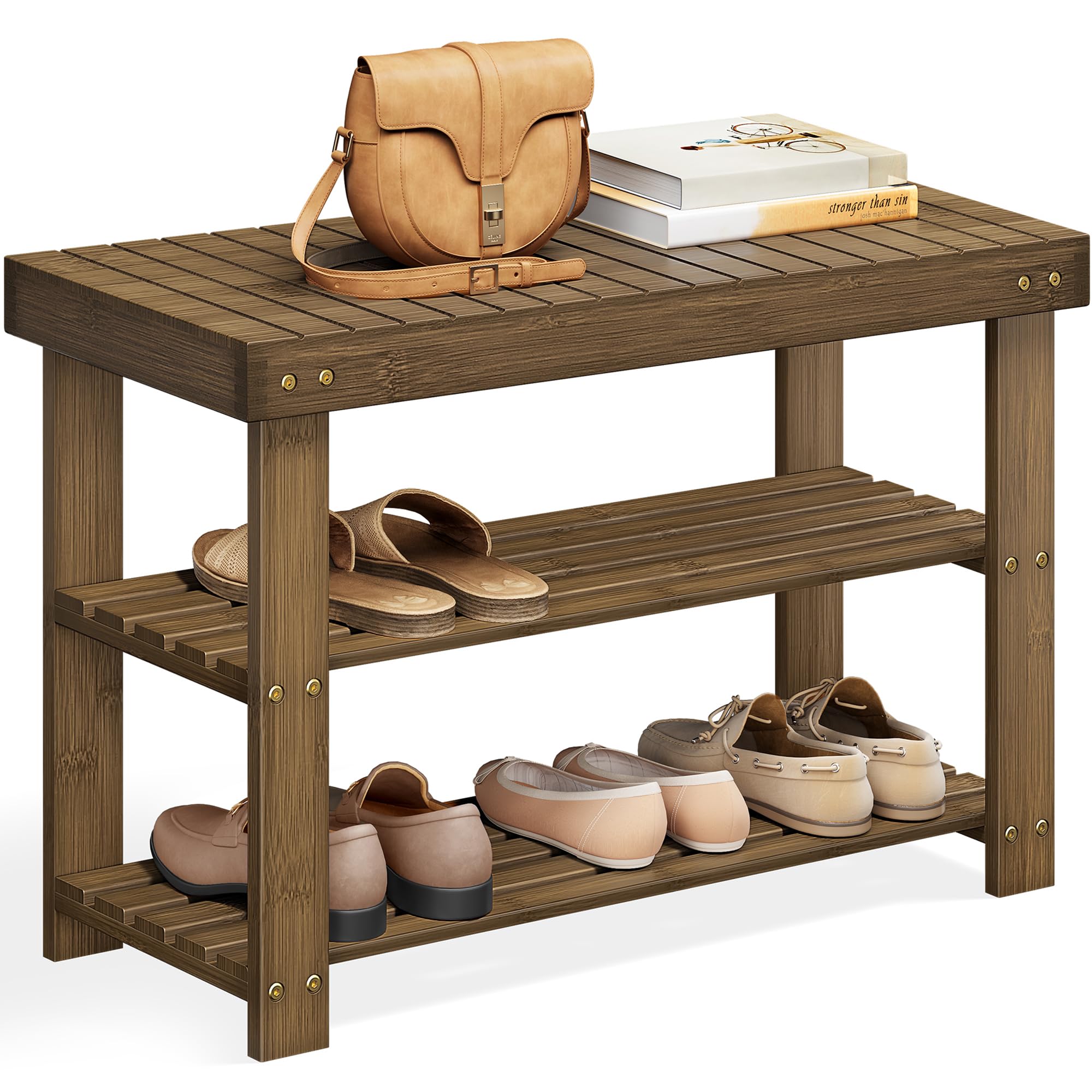 Bamboo Shoe Rack Bench with 3 Tier Storage Shelves