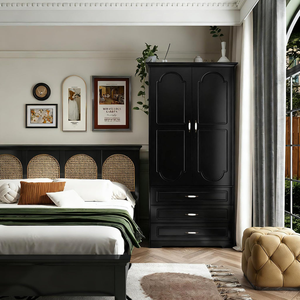 Modern Wardrobe Armoire with 3 Drawers, LED Light and Hanging Rod