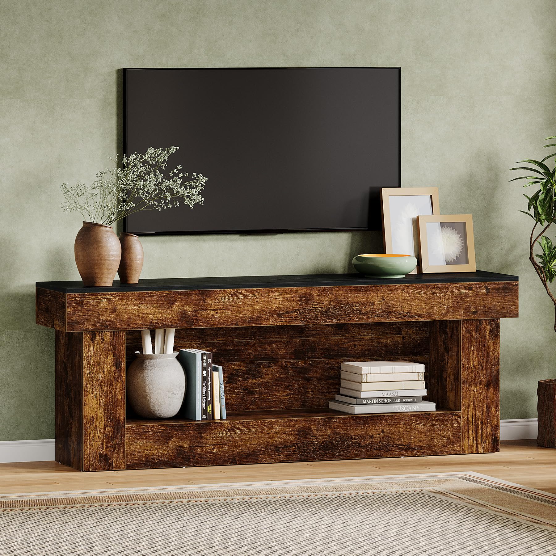 Rustic TV Stand with Storage and Open Shelves for Living Room