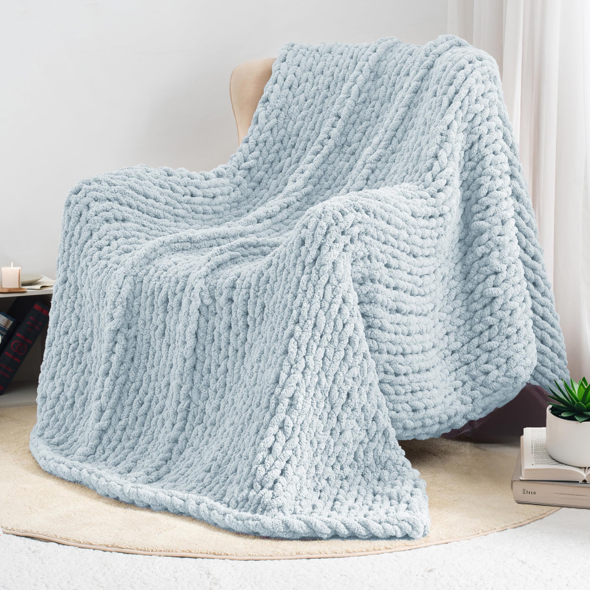 LONG CREATE Chunky Knit Throw Blanket, 100% Handmade Chenille Yarn