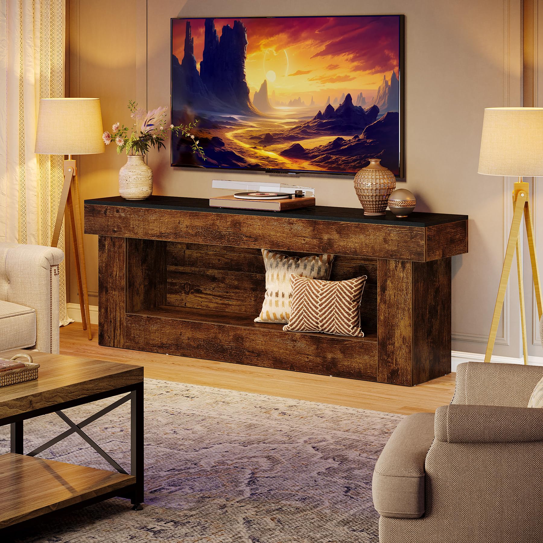 Rustic TV Stand with Storage and Open Shelves for Living Room