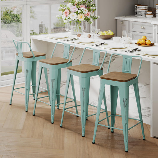 Industrial Metal Bar Stools with Wooden Seats and Footrest
