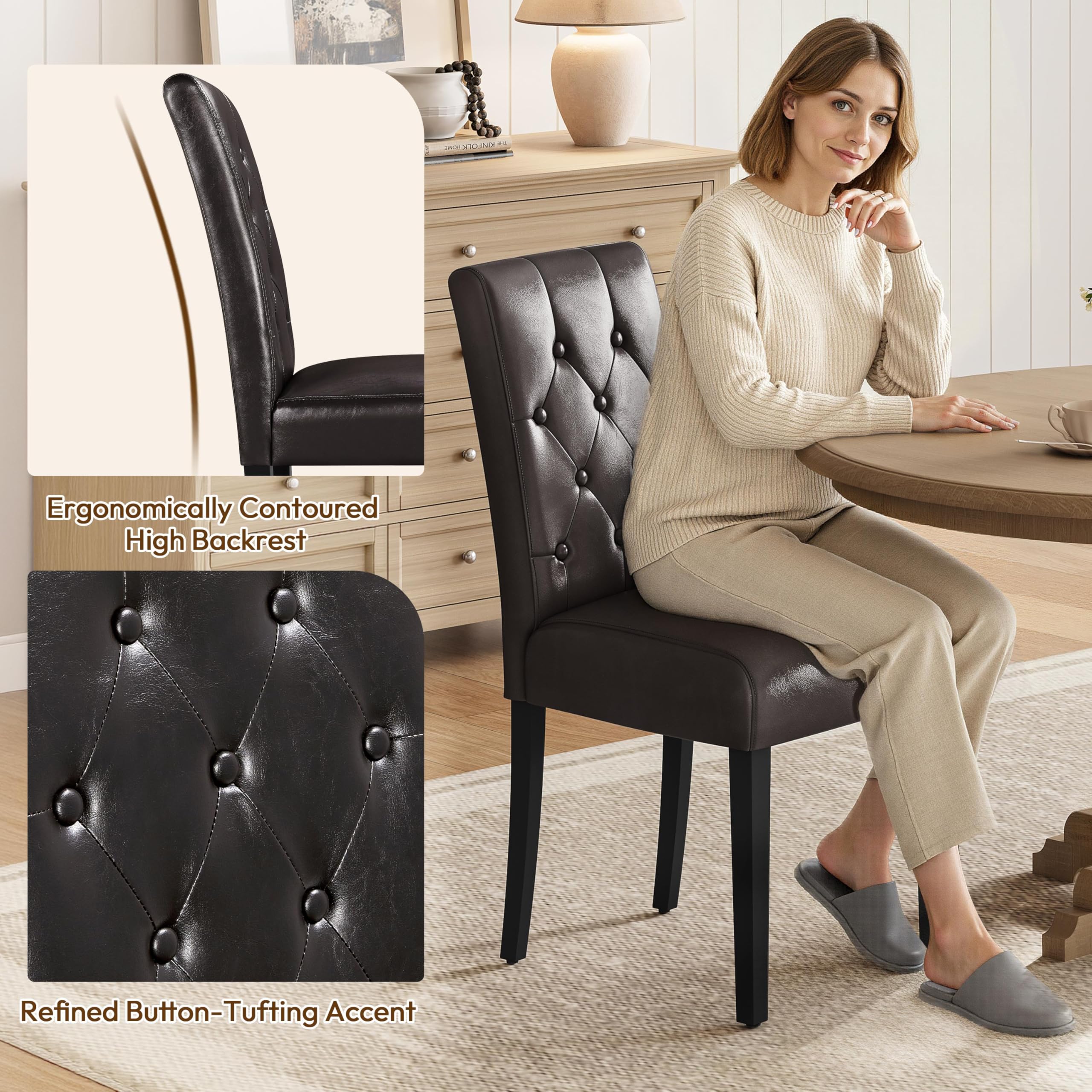 Leather Upholstered Dining Chairs with Tufted High Back and Wood Legs