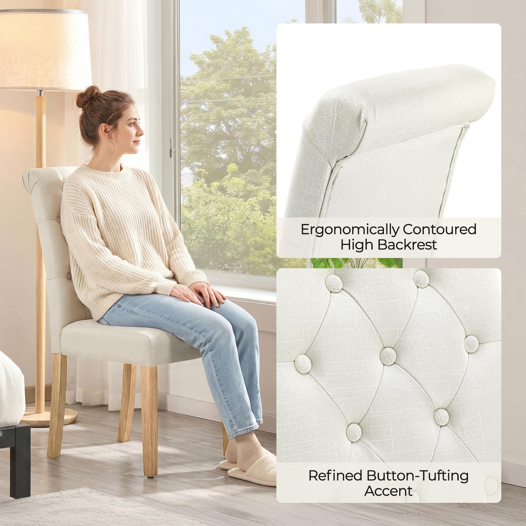 Fabric Upholstered Dining Chairs with Tufted Back and Wood Legs
