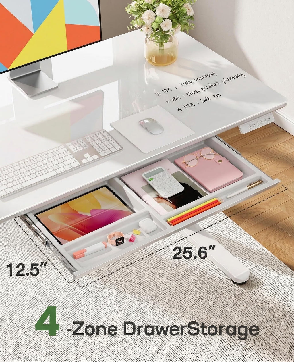 Glass Top Electric Standing Desk with Drawer and Height Adjustment