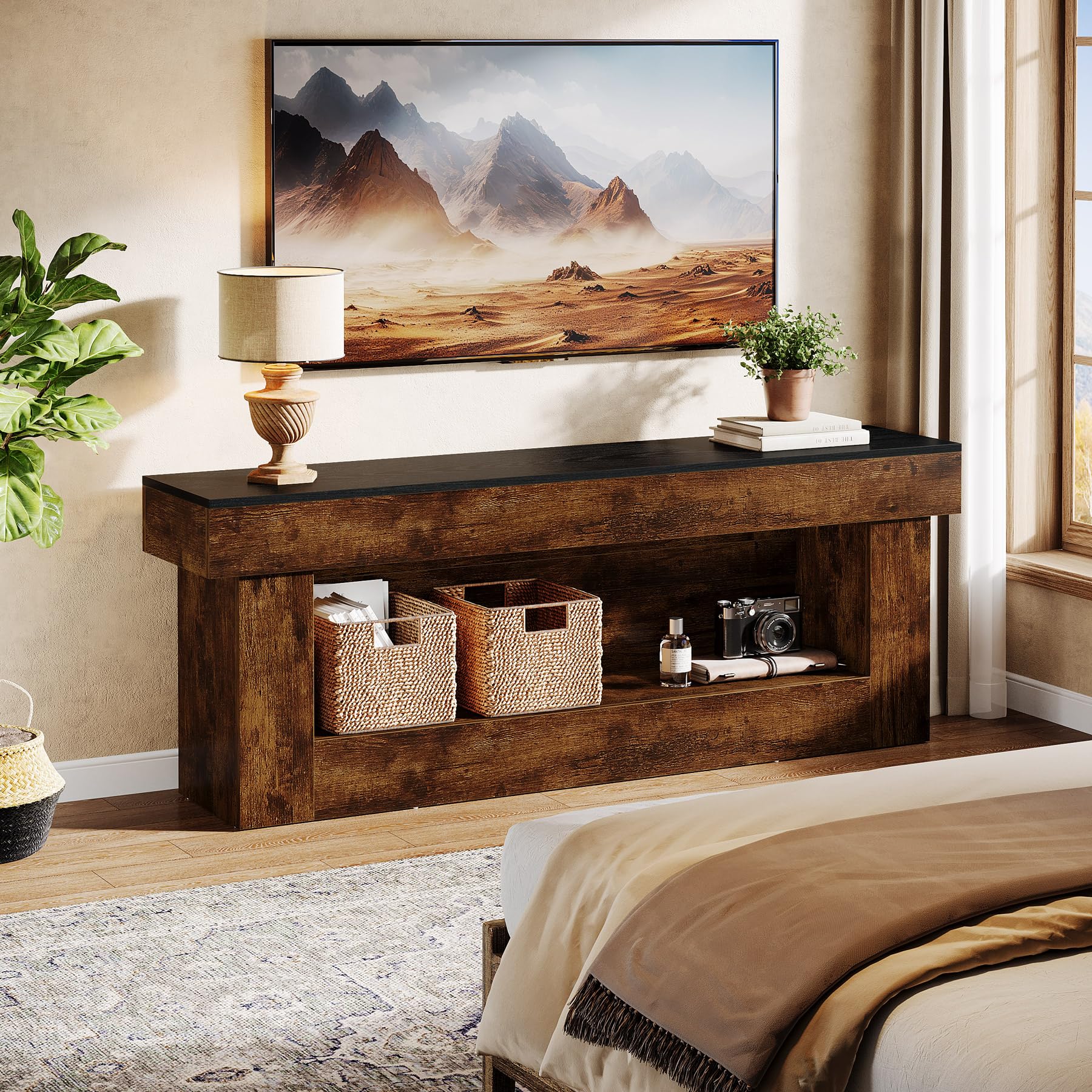 Rustic TV Stand with Storage and Open Shelves for Living Room