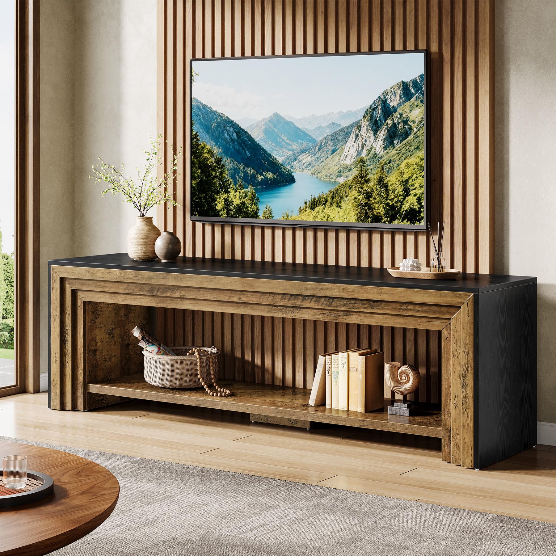 70" Farmhouse TV Stand with Open Storage Shelves and Media Console