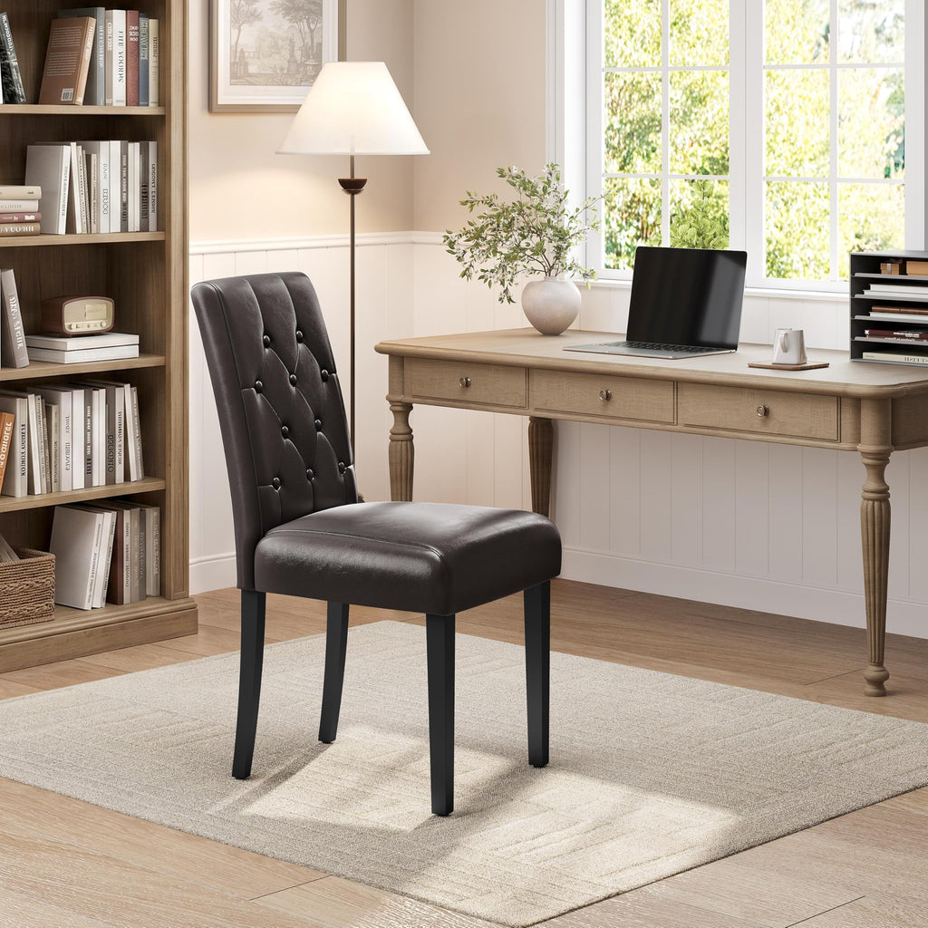 Leather Upholstered Dining Chairs with Tufted High Back and Wood Legs