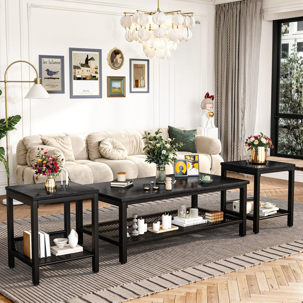 3 Piece Living Room Table Set with Industrial Coffee and Side Tables