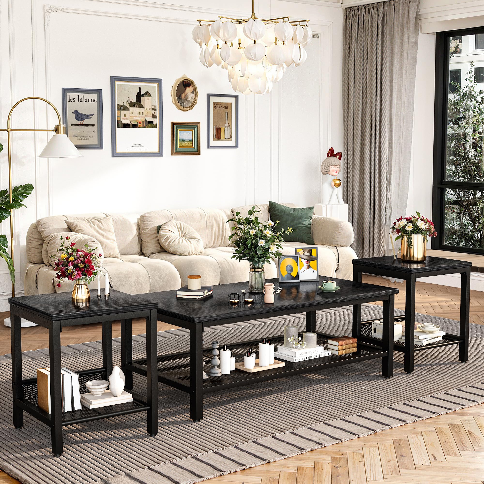 3 Piece Living Room Table Set with Industrial Coffee and Side Tables