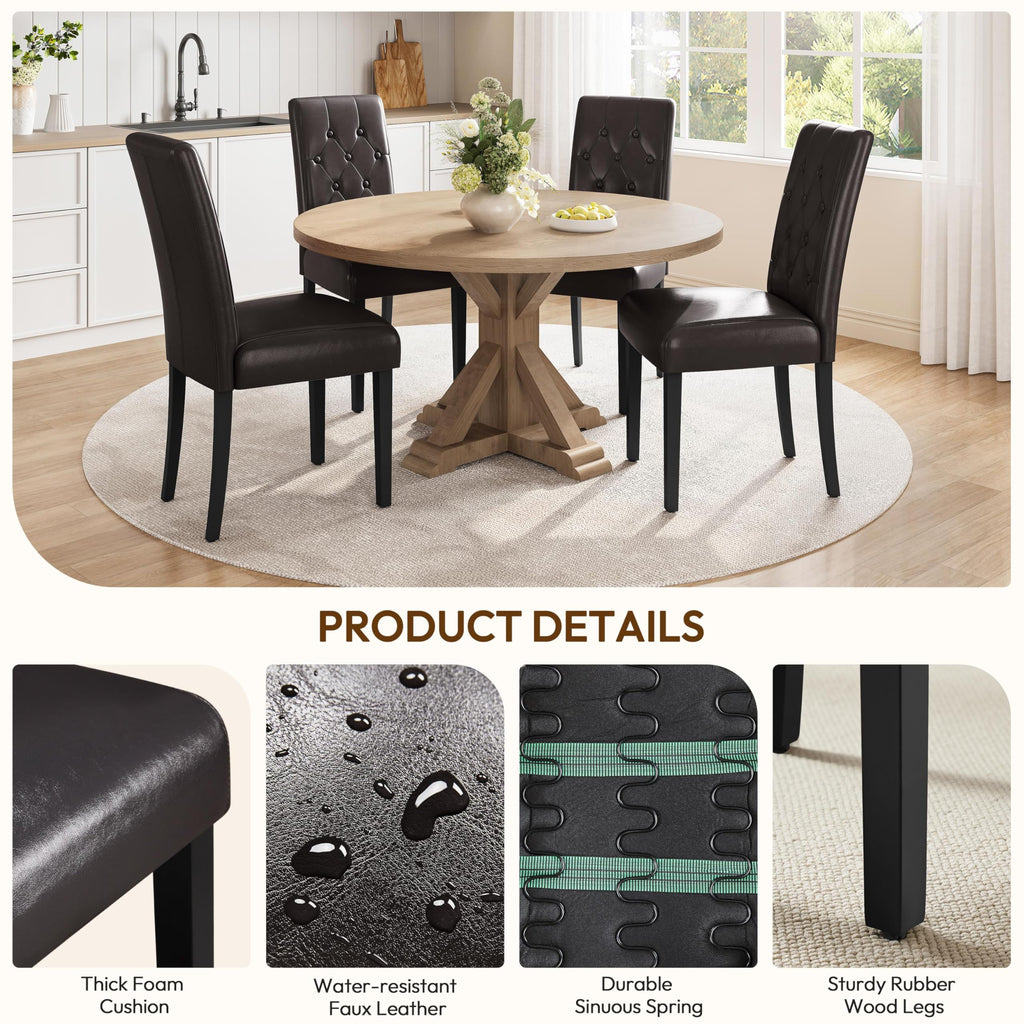 Leather Upholstered Dining Chairs with Tufted High Back and Wood Legs