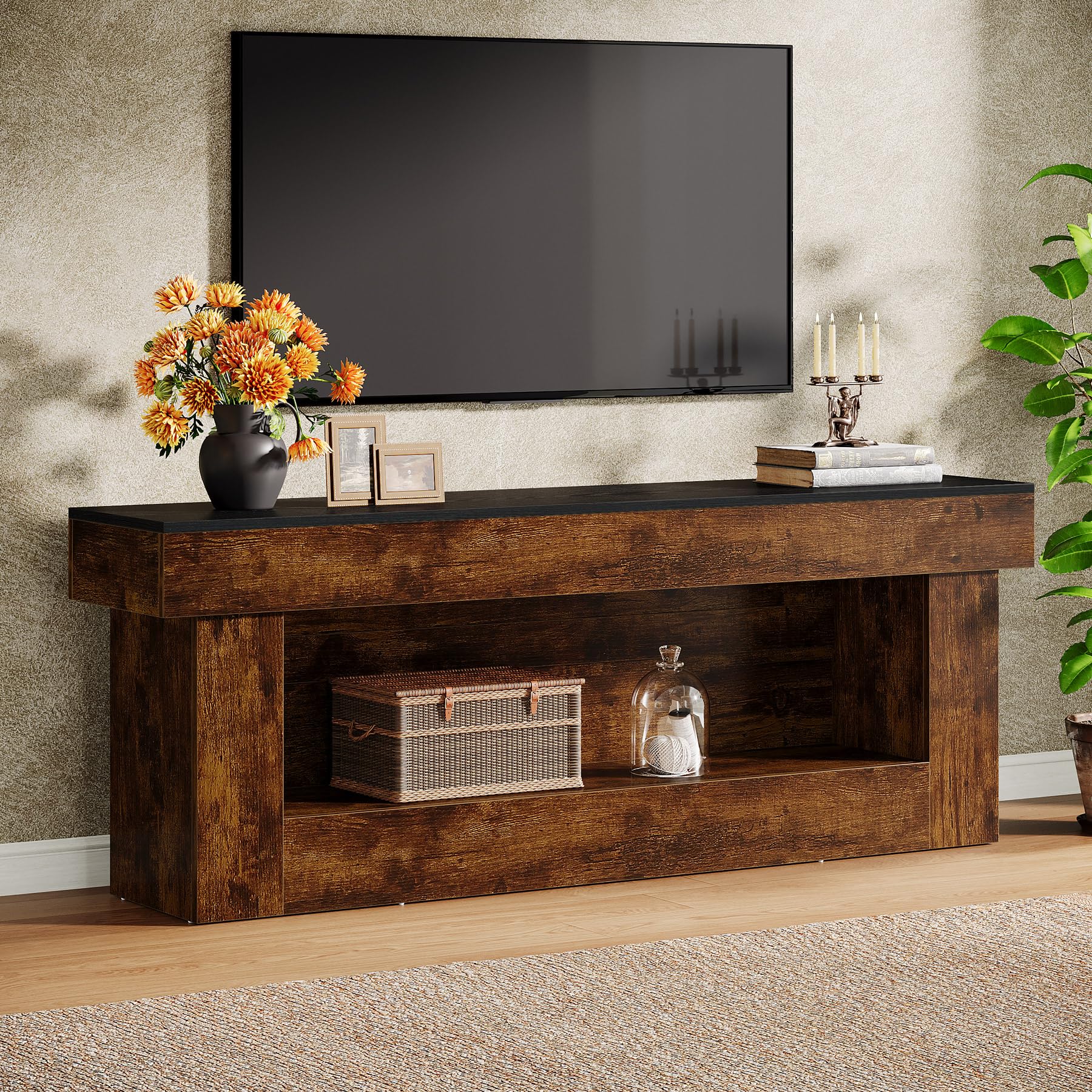 Rustic TV Stand with Storage and Open Shelves for Living Room